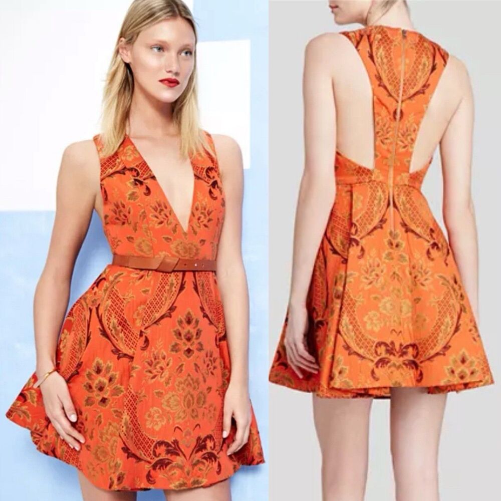 Alice + Olivia Mollie Dress Deep V Box Pleat Brocade Red Floral Jacquard Size 2